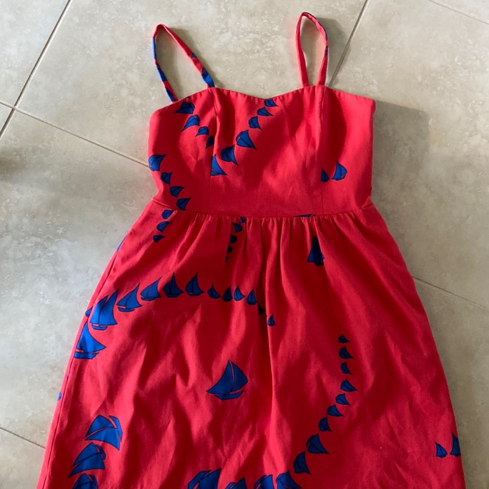Elizabeth McKay Red Sundress with Blue Sailboat Motif